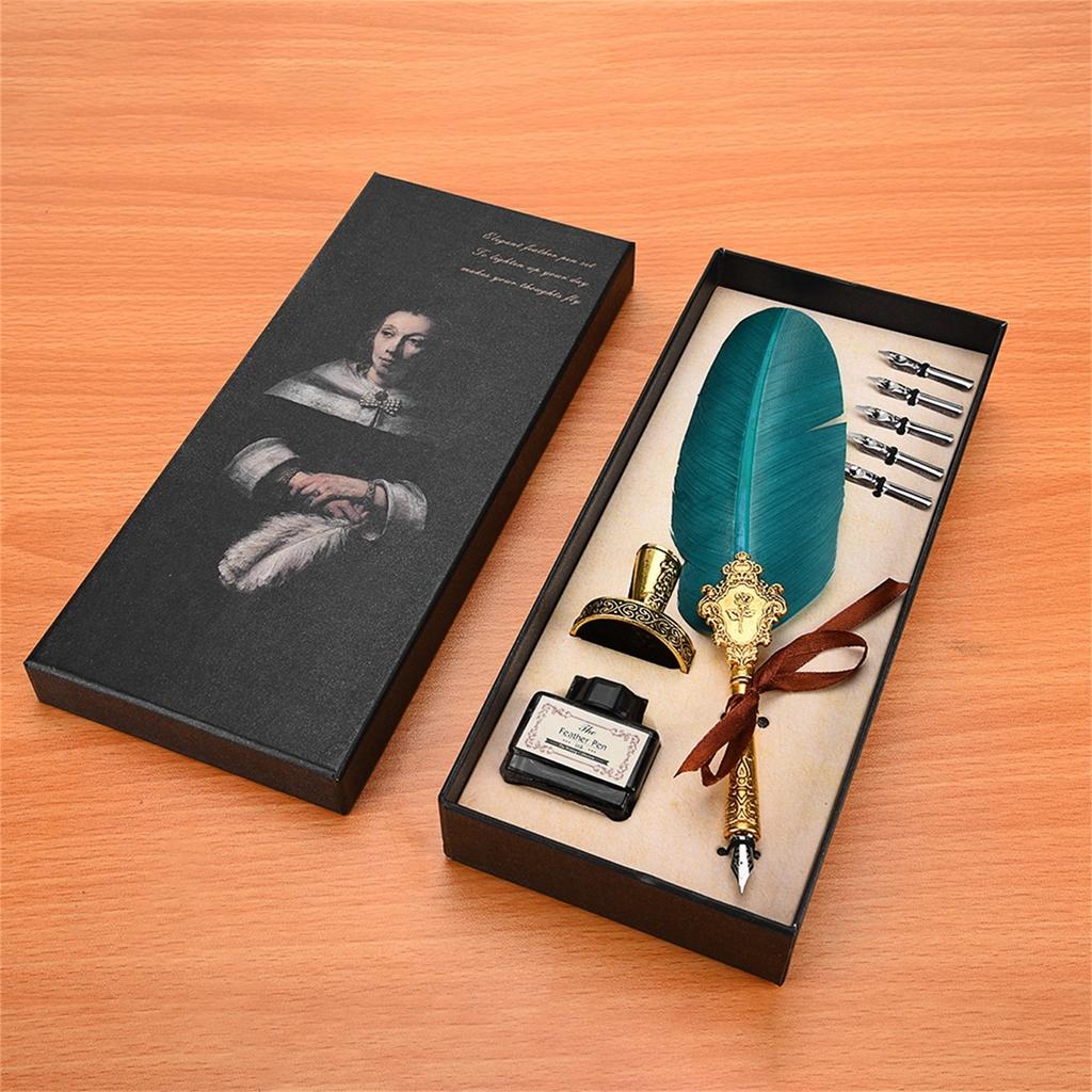 Retro Classical Fountain Pen Old European Style Dip Writing Pen Ink Bottle Set Gift Box