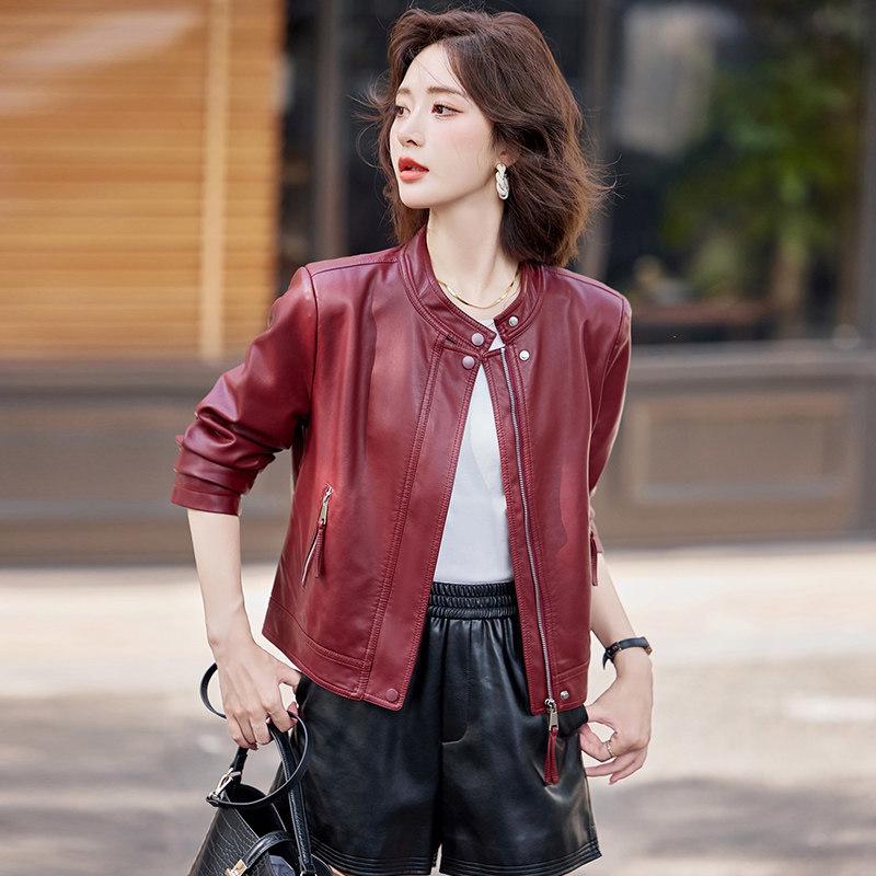 

Women s Sheepskin Stand Collar Motorcycle Jacket - New for Spring/Autumn 2026 M червоний