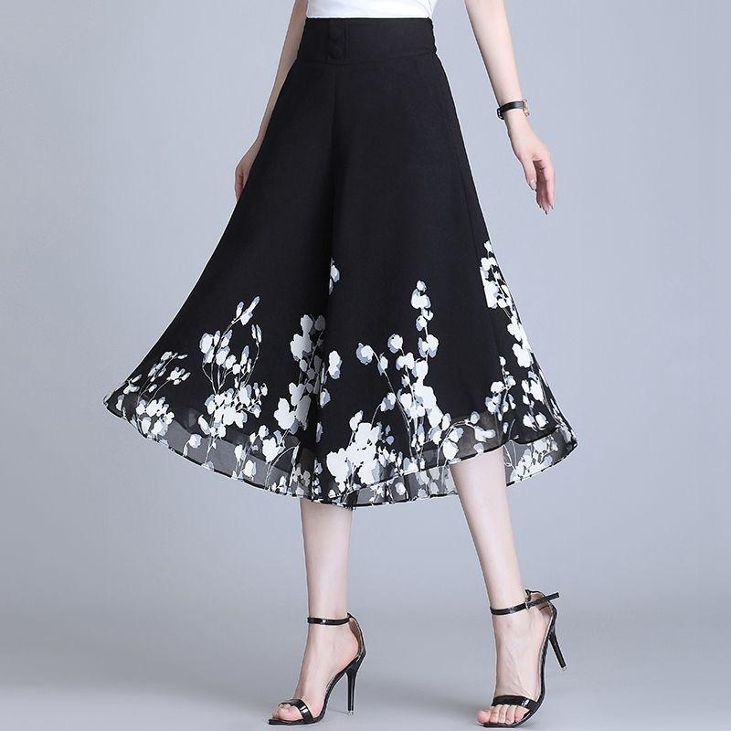 Summer Women's Thin Chiffon Printed High Waist Wide Leg Pants Casual Skirt Pants Commute Sle Korean Faion