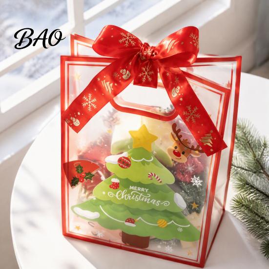 Small Dessert Packaging for Christmas Gift Bags with Handles, Reusable Clear PP Treat Festive Elk Pattern Candy Apples Cookies, Holiday Party