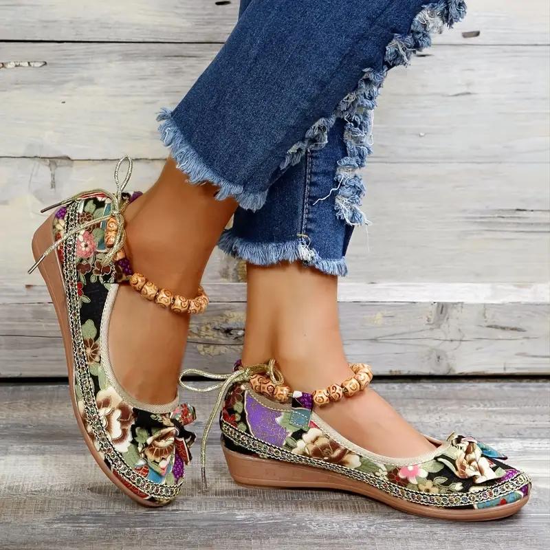 Women's Floral Print Flat Shoes, Tribal Style Ankle Strap Slip On Shoes, Casual Walking Shoes