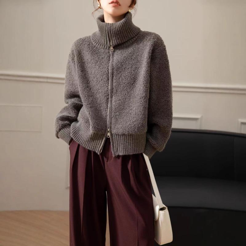 Autumn and Winter New Large Lapel Double Zipper Lamb Wool Knitted Cardigan Women's Lazy Style Versatile Sweater Jacket Women