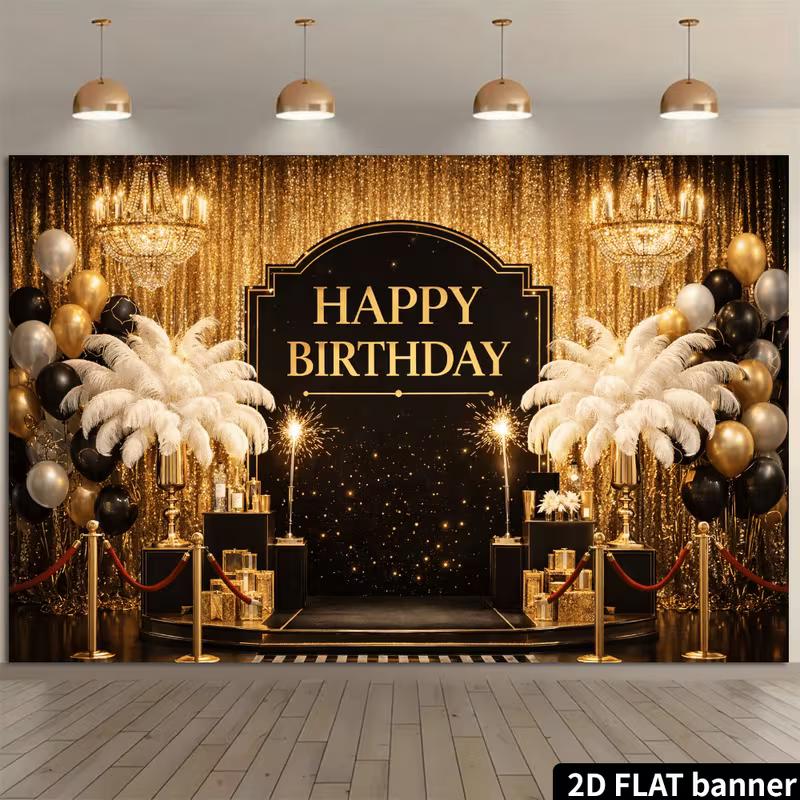 2D Roaring 20s Happy Birthday Backdrop Black Gold Glitter Curtain Party Background Banner