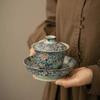 Blue And White Ru Kiln Sancai Cover Bowl Teacup Enamel Color Single High-End Tea Bowl With Lid Household Large Kung Fu Tea Set