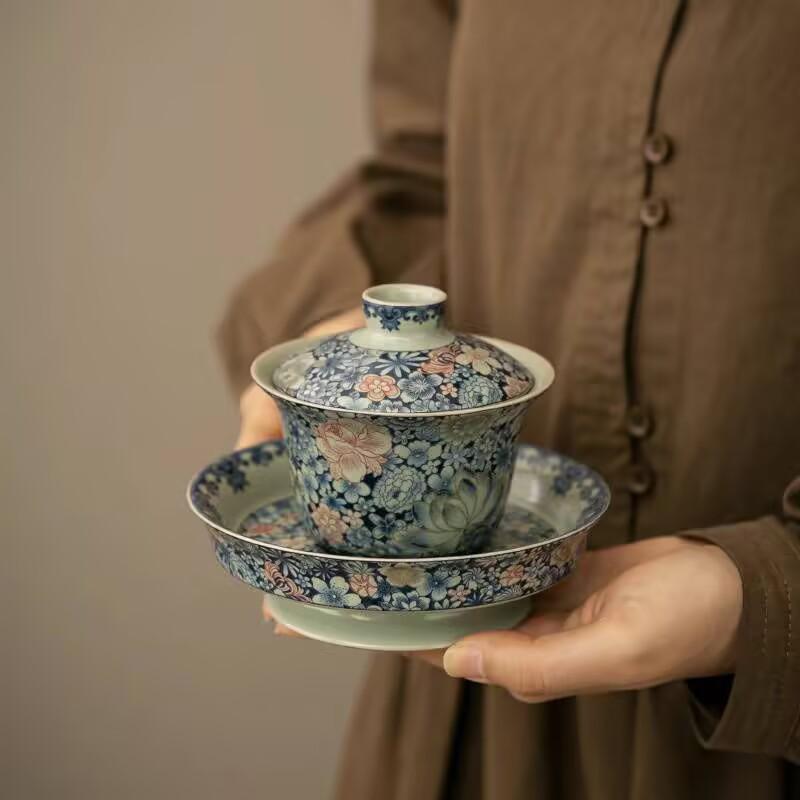 Blue And White Ru Kiln Sancai Cover Bowl Teacup Enamel Color Single High-End Tea Bowl With Lid Household Large Kung Fu Tea Set