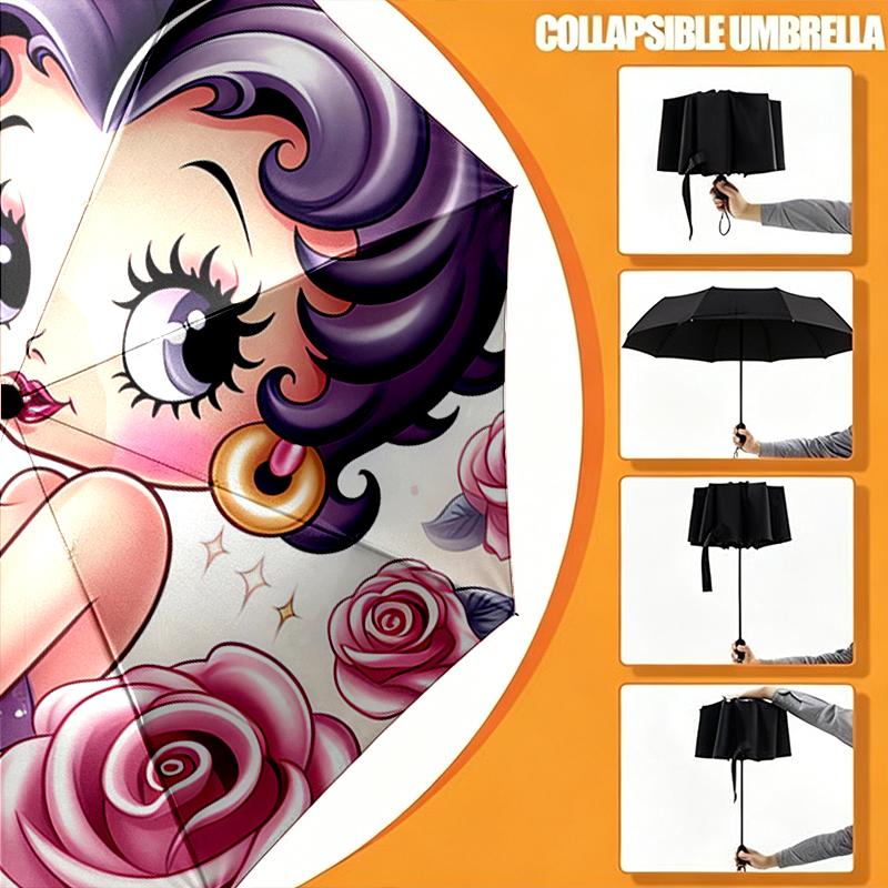 1pc Sturdy 8-Bone Auto Umbrella, Betty Boop Umbrella, Digital Printed, Foldable Umbrella for On-the-Go Outdoor Use