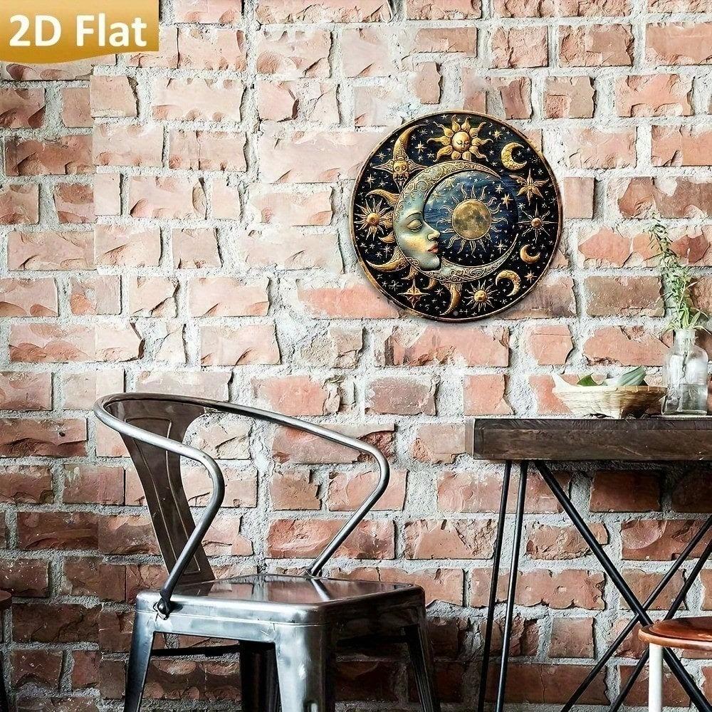 Vintage Sun and Moon Aluminum Metal Art Sign, 2D Circular Wall Decor for Home Bar Cafe