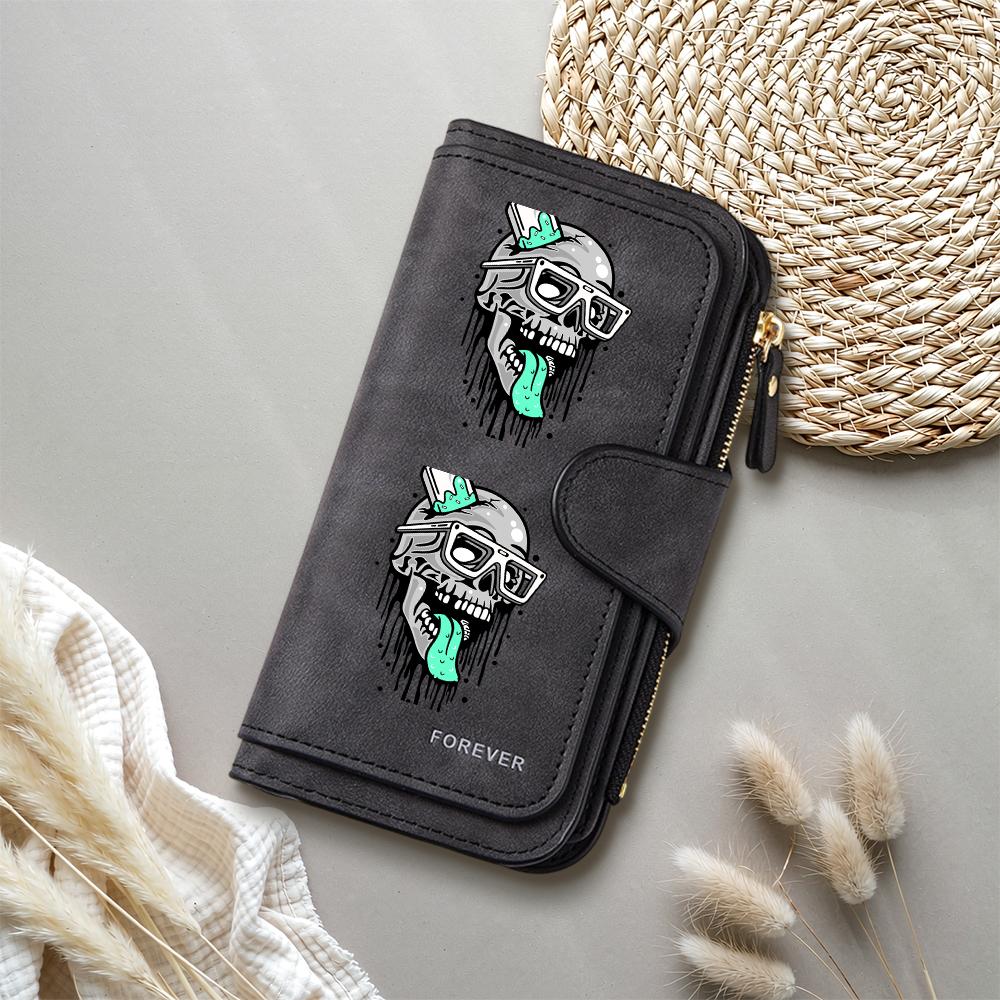 Cool Skull Print Long Wallet Casual PU Leather Multi Card Holder Fashion Clutch for Daily Use Forever Style Purse