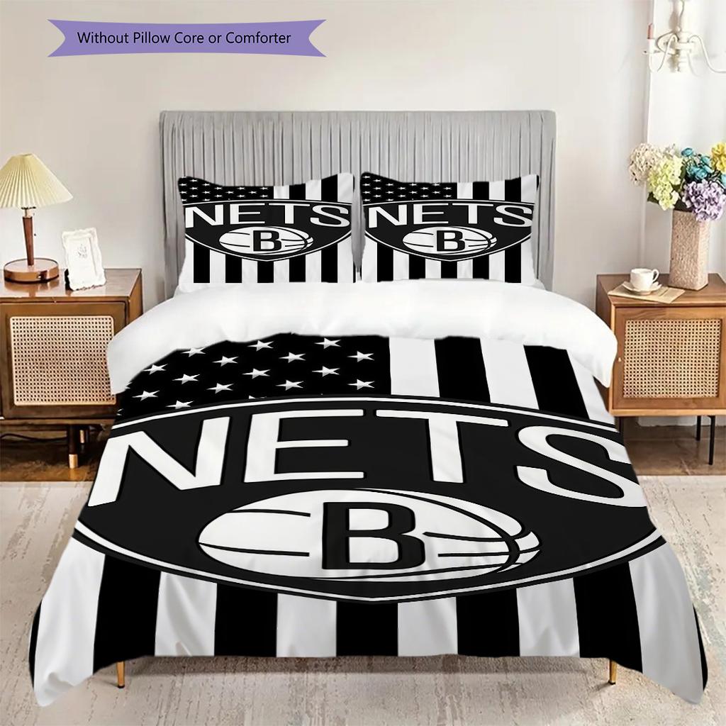 Brooklyn Nets Stars Stripes Basketball Spirit Bettwäsche(1 Bettbezug + 2 Kissenbezüge, ohne Füllung)Weihnachts-Geburtstagsgeschenk Weich und bequem