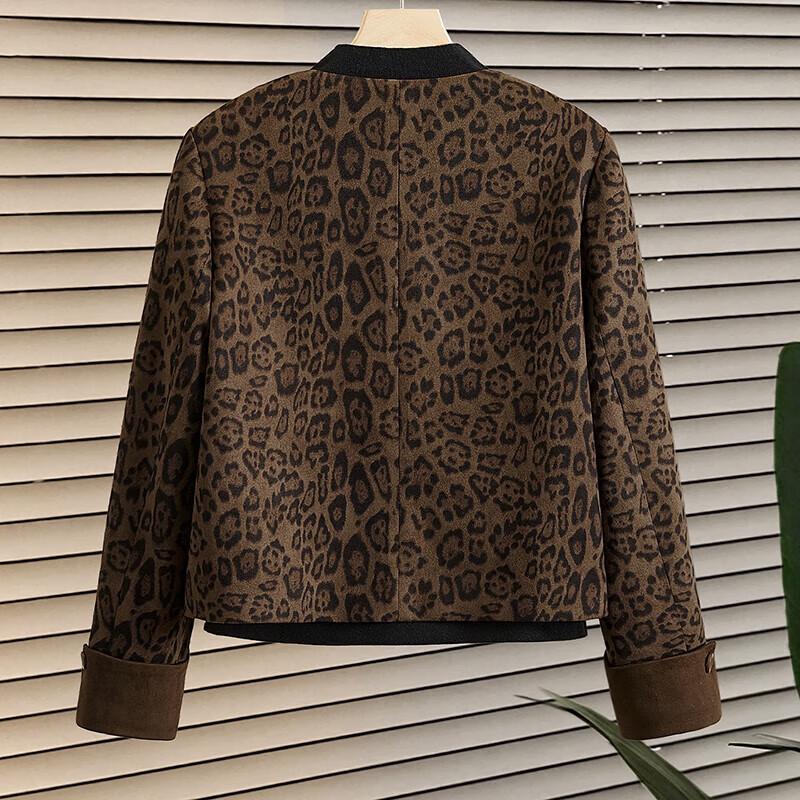 Women's Leopard Print Patchwork Round Neck Short Jacket