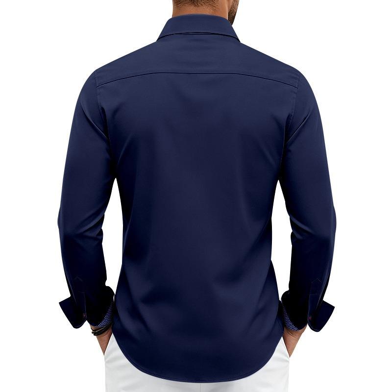 Herren-Farbblock-Stretch-Knitterfreies Langarm-Button-Down-Hemd.