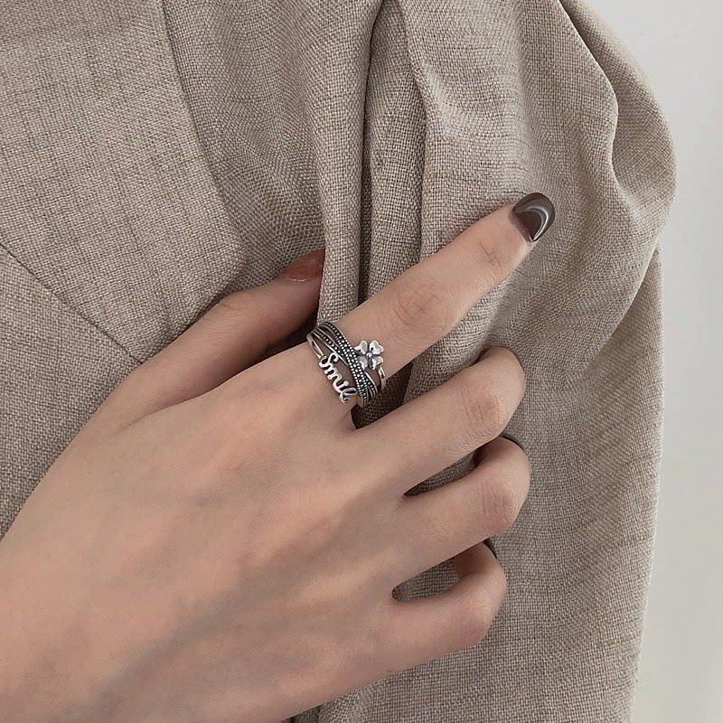 S925 sterling silver lucky four-leaf clover ring women's niche lucky jewelry retro light luxury high-end design index finger