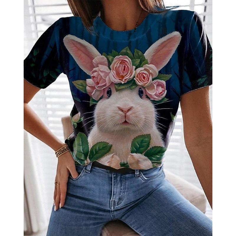 Women s Bunny Rose Crown T-shirt Blue Floral Crew Neck Stretch Casual Everyday Spring Summer Wear Multiple Sizes S