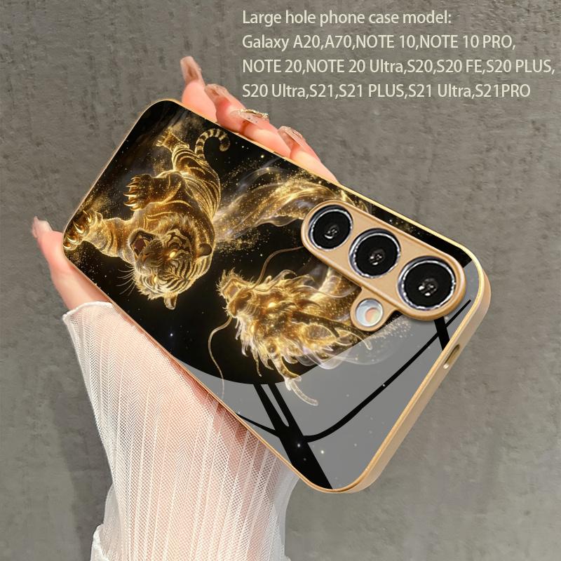 Dragon Tiger Leaping Pattern 2D Phone Case for Samsung S26 S25 S24 S23 S22 S21 S20 A56 A55 A36 16 Gold Glass Protective Cover