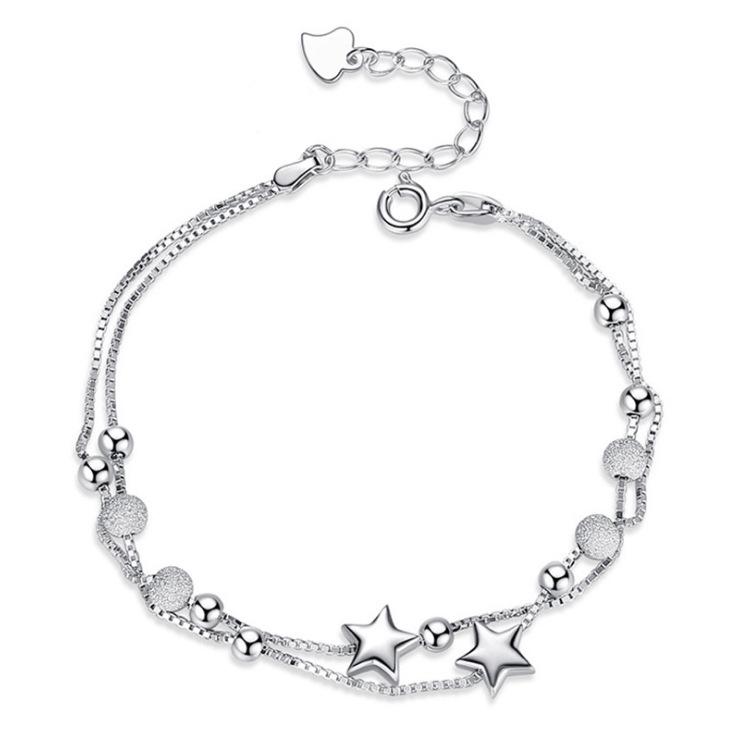 Double Layer Korean Style Star Bracelet with Frosted Beads for Girls - Silver Plated, Trendy & Versatile