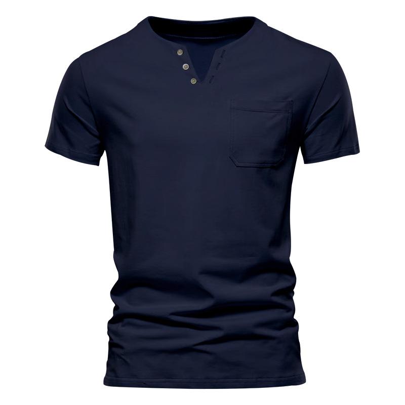 Summer Casual T-shirt Men's Fashion Trend Sports Slim Solid Color V-neck Pocket Men's Top