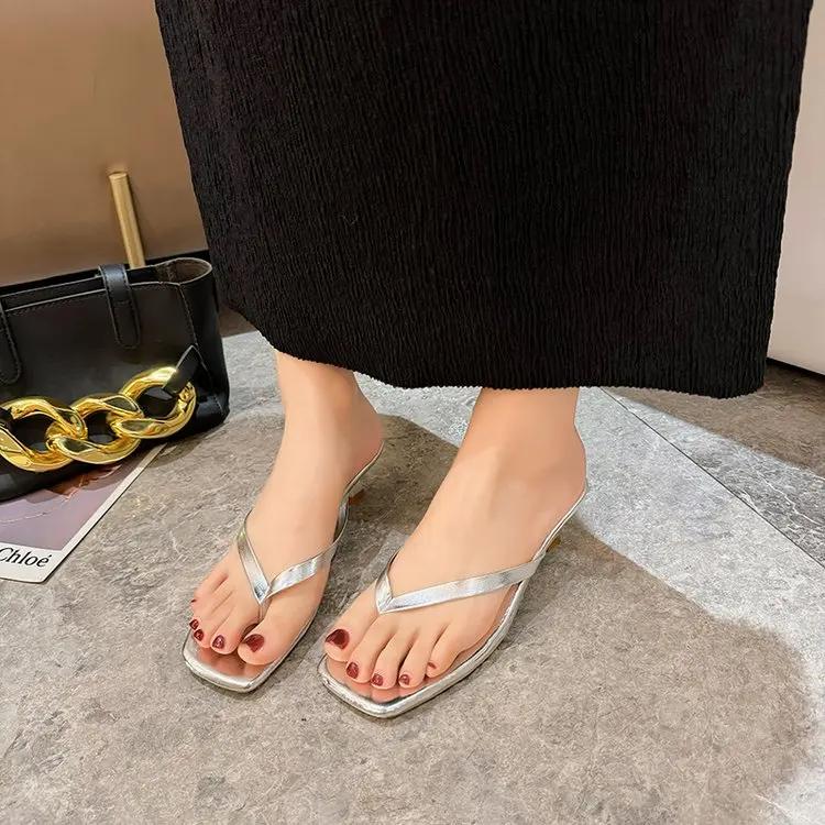 Large Size Women's Shoes Fashion Comfortable Summer Party Slippers Square Toe Thin Heels 2025 New Wedding Shoes