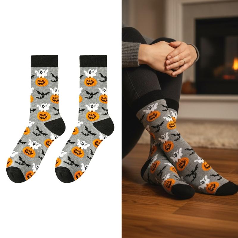 Halloween Themed Cotton Socks Elastic Cuffs Breathable Fabric Practical Wear Festive Ghosty Pumpkin Patterns