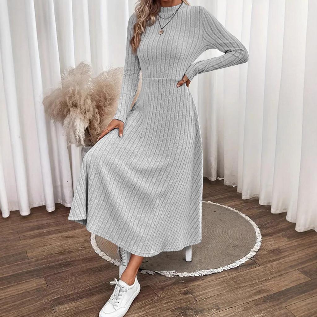 Fall Winter Solid Color Crew Neck Brushed Ribbed Maxi Dress Elegant Fashion Long Dress for Women European American