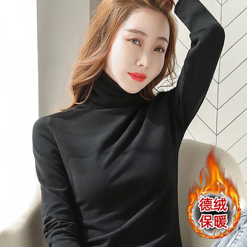 

German velvet bottoming shirt women s inner slim fit new autumn and winter solid color semi-turtleneck long-sleeved t-shirt versatile top M чорний