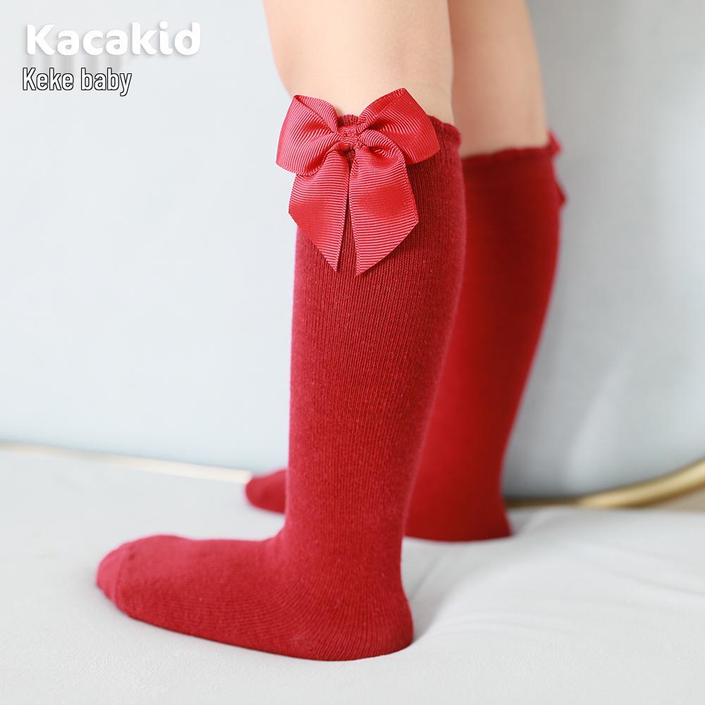 Girls' Bow Mid-Calf Cotton Socks - Cute Solid Colors for Spring & Autumn