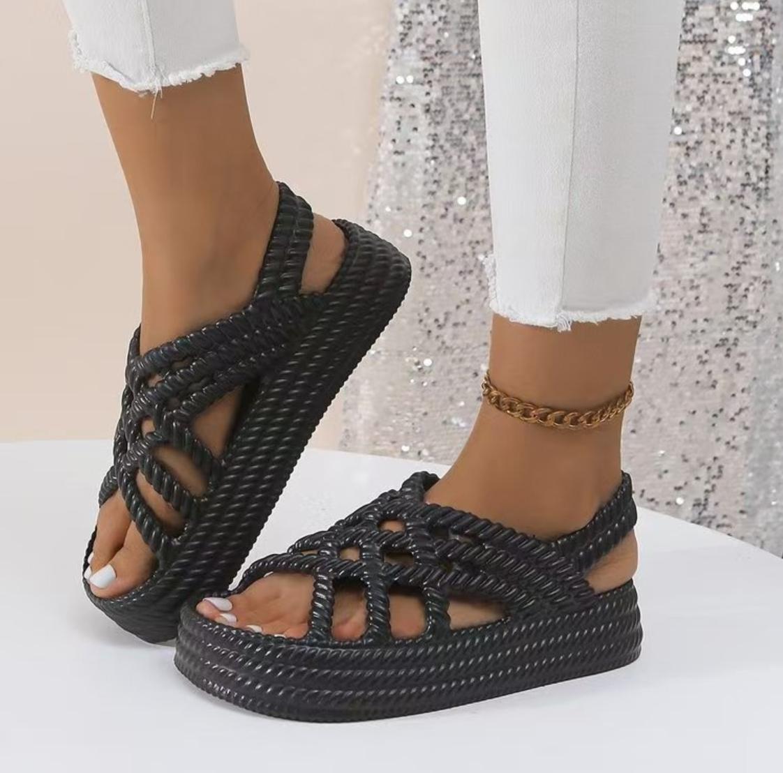 

Модные босоножки на платформе, женская летняя обувь 2024 года, пляжная обувь с открытым носком и ремешком на щиколотке, босоножки на плоском каблуке 39 чёрный