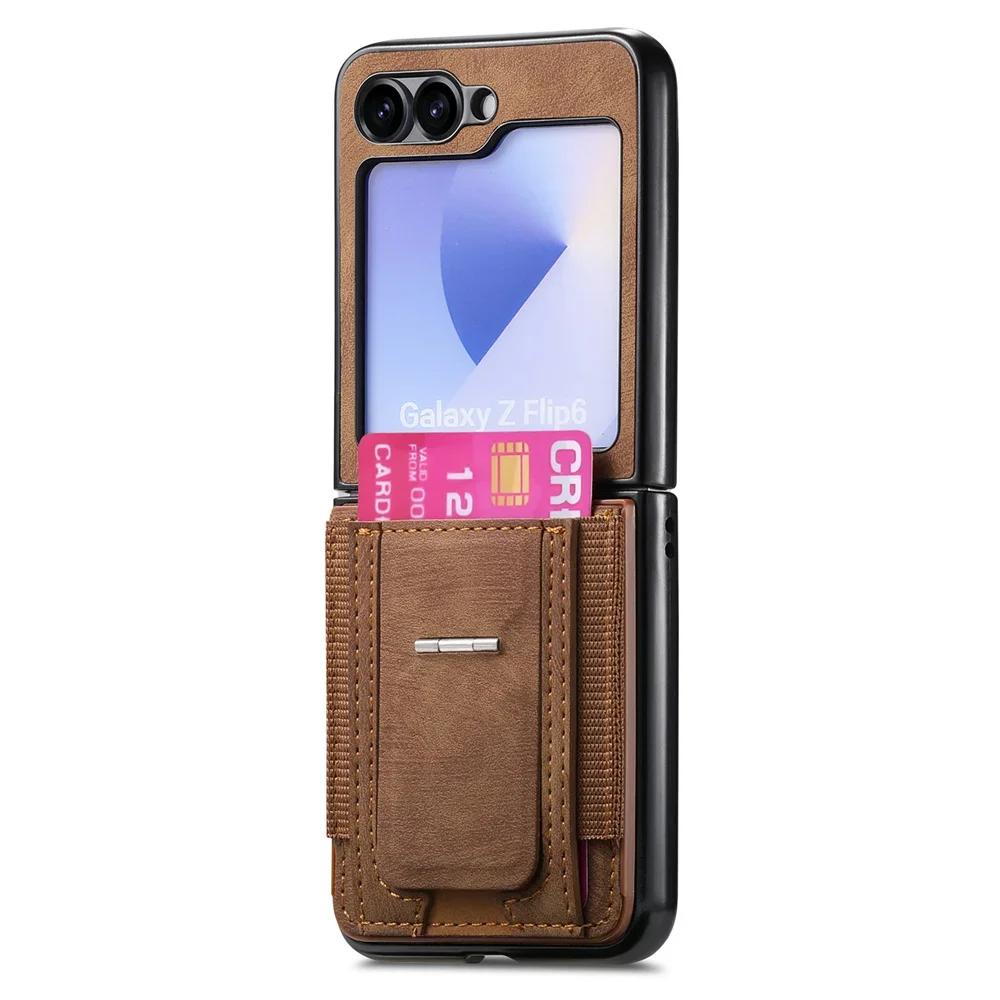 Retro Leather Bracket Wallet with Card Holder Phone Case for Samsung Galaxy Z Flip 6 5 4 3 Flip6 Flip5 Flip4 Protective Cover