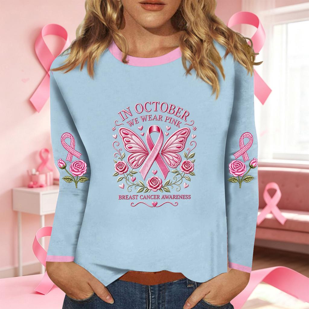 Women's Casual Long Sleeve Ribbon Print Round Neck Top