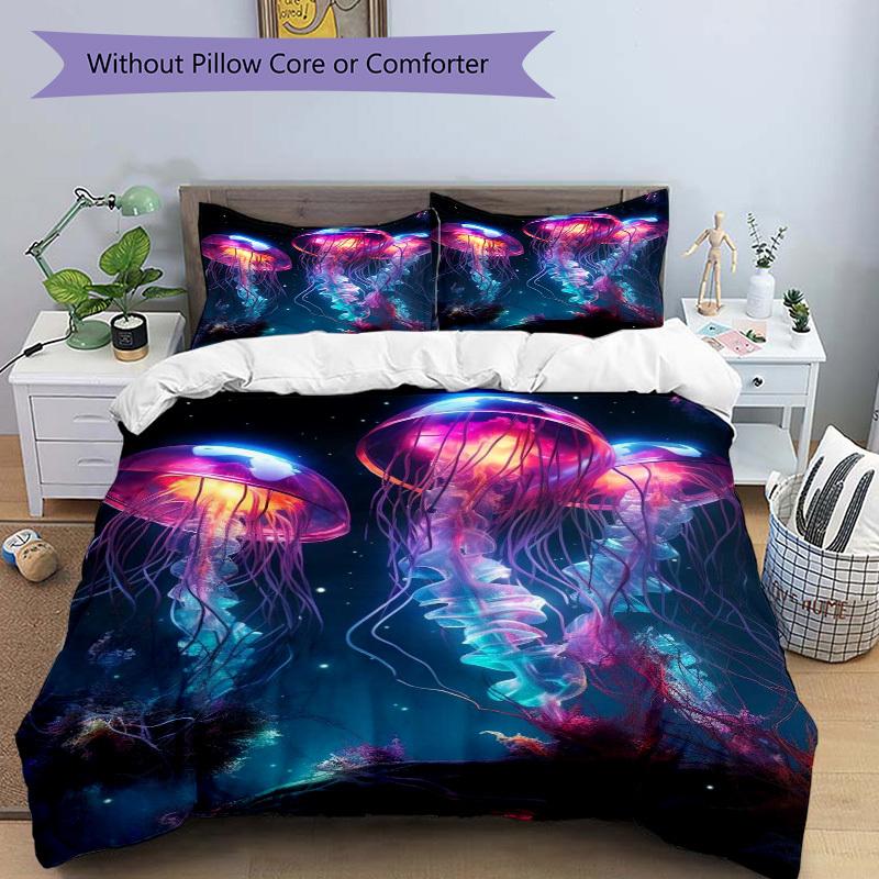 3pcs Colorful Jellyfish Bedding Set - Includes One Quilt Cover and Two Pillowcases (No Core) - Anime Cartoon Design for Bedroom Decorations.
