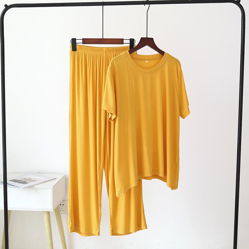 Frühling und Sommer Neue Damen Pyjamas Kurze Ärmel + Hosen Zwei-stück Modal Dünne Lose Große Größe Einfarbig Homewear Anzug