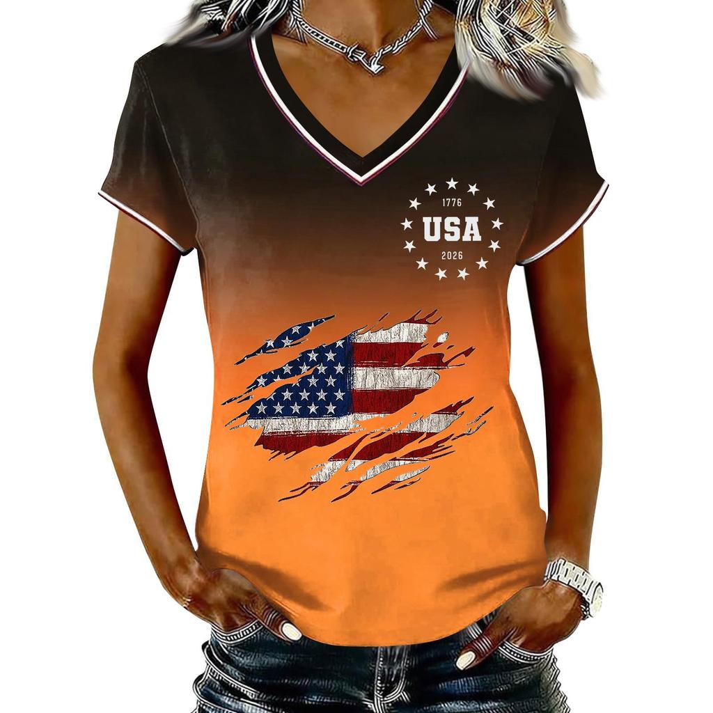T-shirt Pull Col V Manches Courtes Décontracté pour Femme Imprimé Patriotique Dégradé Haut Jour de l'Indépendance T-shirt Graphique Drapeau USA