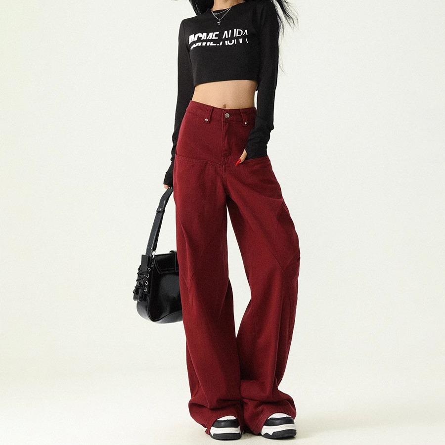 Women's Retro High-Waist Red Wide-Leg Jeans - Slimming, Versatile & Trendy