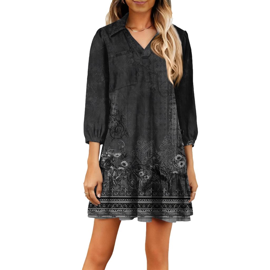 Women's Fashion Elegant Autmn And Winter Long Sleeve V,Neck Christmas Print Dress