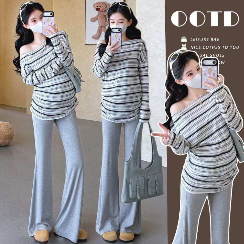 2026 Spring Striped Off-Shoulder Maternity Sun Protection Top & Flare Pants Set 2XL