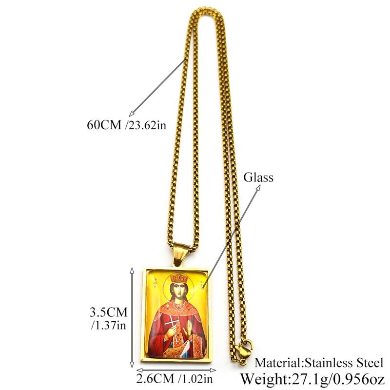 Orthodox Saint Helena Glass Medal Pendant Necklace for Women Men Stainless Steel Gold Color Cross Chain Amulet Jewelry Gift