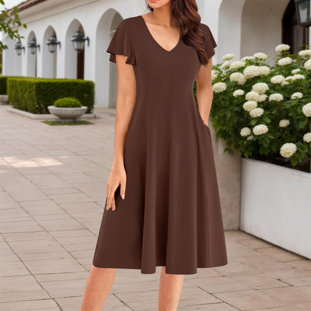 Women's Summer Fashion V-Neck Ruffle Sleeve Retro Elegant Midi Dress