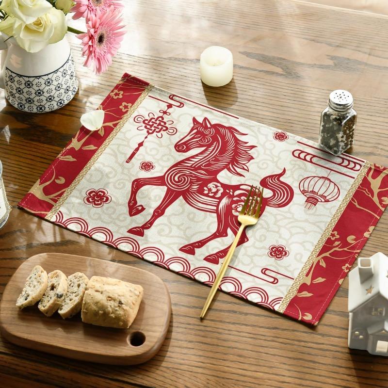 Animal Horse Print Linen Placemats Dishes Anti-slip Mat Paper-cut Style Home Desktop Decoration Suitable for New Year Party