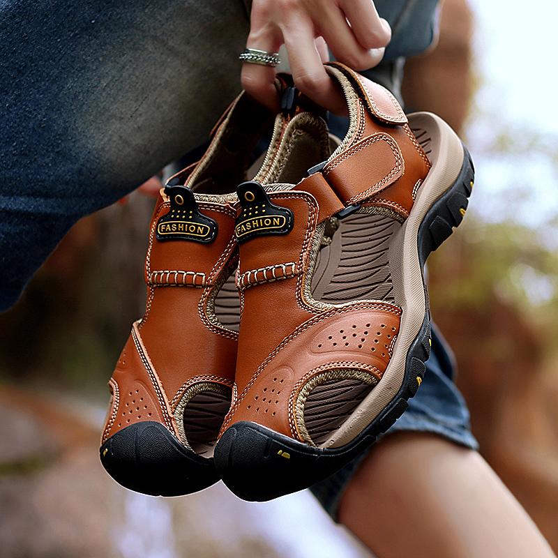 

Літні чоловічі сандалі з натуральної шкіри Чоловіче повсякденне взуття Чоловічі шкіряні сандалі на відкритому повітрі для чоловіків Пляжне взуття Римське взуття великих розмірів 38-48 48 світло-коричневого кольору