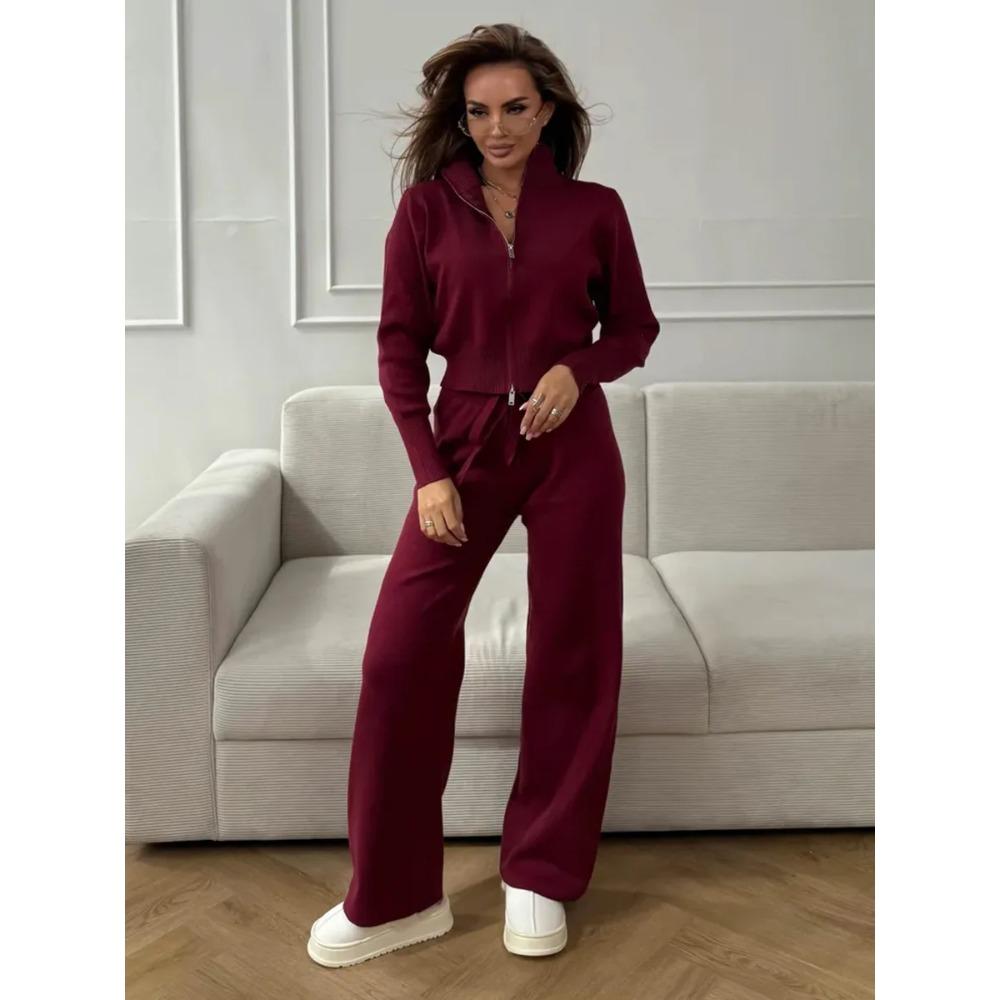 Autumn Winter Zip Up Knit Pants Set Women's Trendy Slim Fit Cardigan Pants Chic Commuting Sweater Outfit