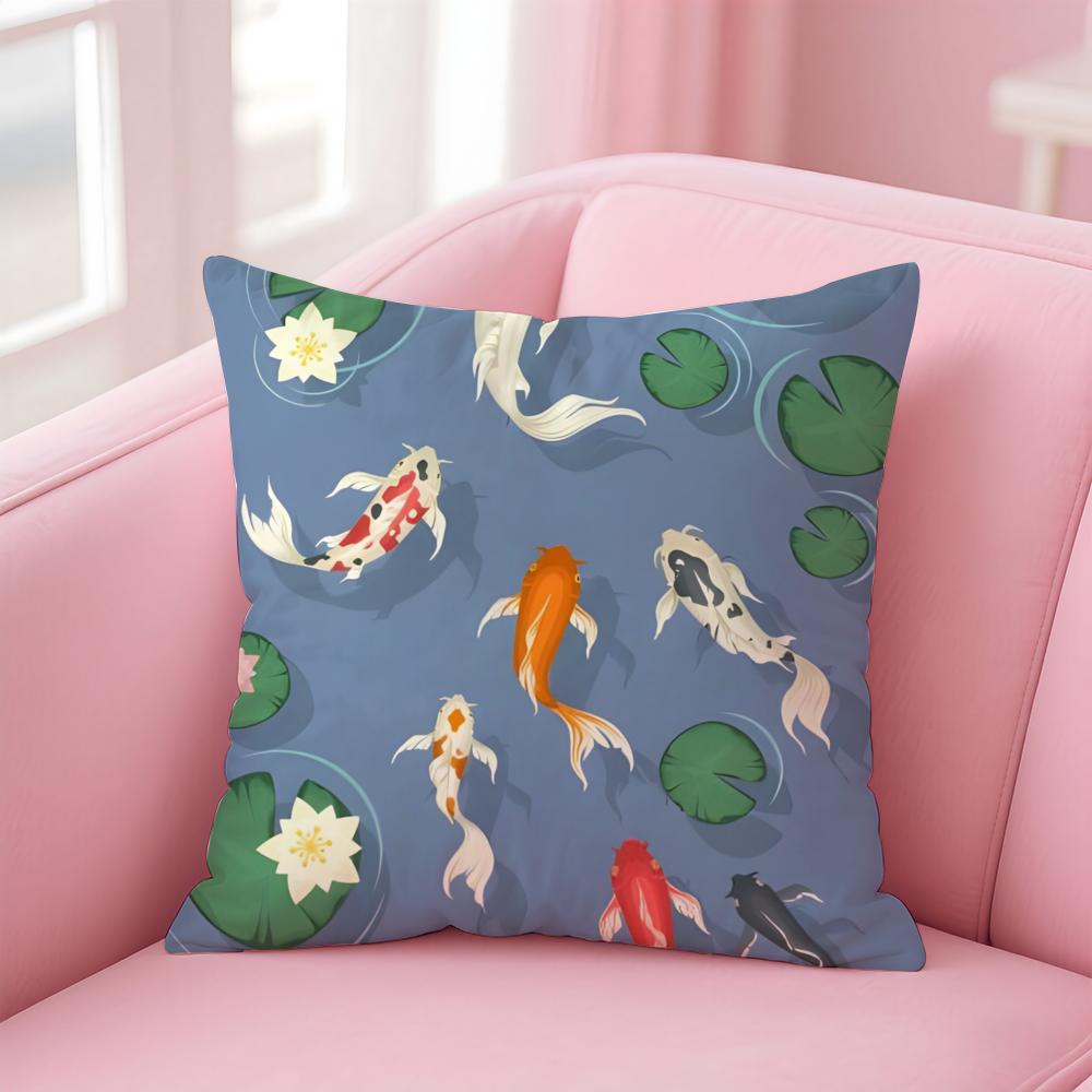 Natural Fun Koi Fish lotus Cushion Cover Pillow Case Soft Skin Friendly Fabric  Concealed Zipper