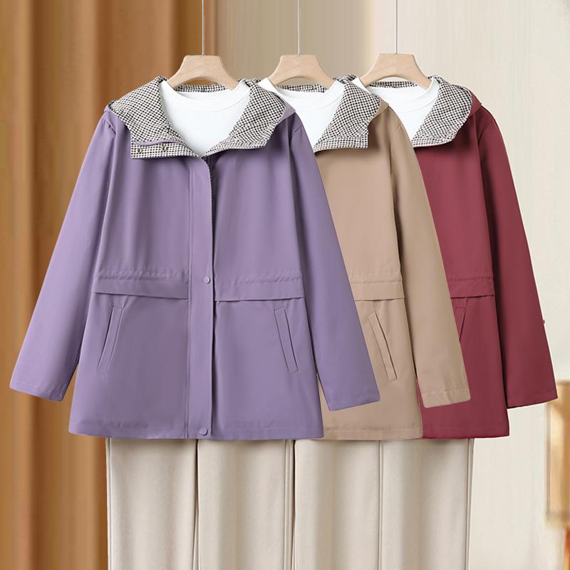 Damen Plus Size Freizeit-Kapuzenmantel – Karomuster-Besatz Kapuze Winddichte Jacke (Größen 3XL-7XL) für Frauen mittleren Alters
