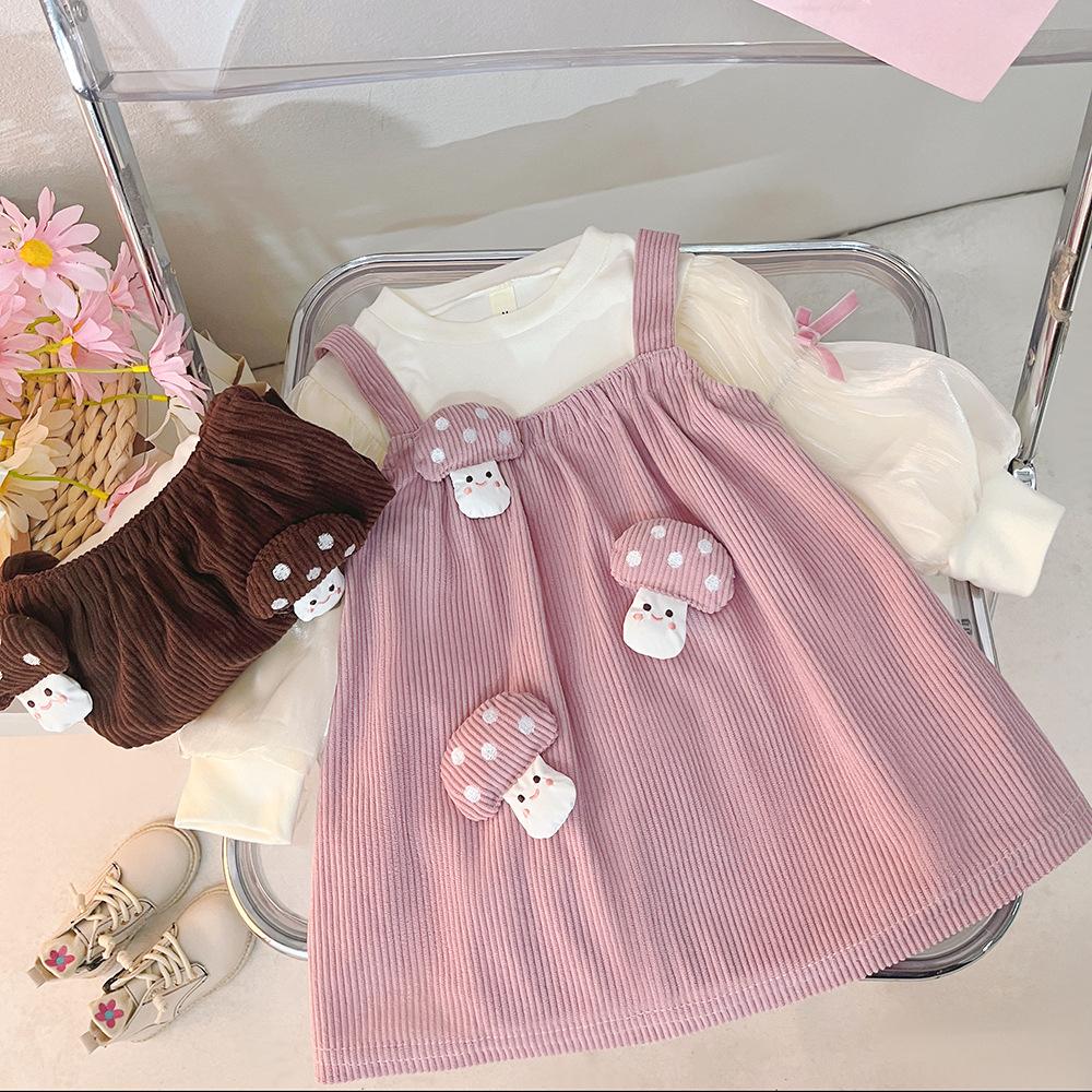 Spring Baby Girl Princess Dress Cute Mushroom Cartoon Round Neck Camisole Spliced Fake Two Piece Stylish Party Outfit