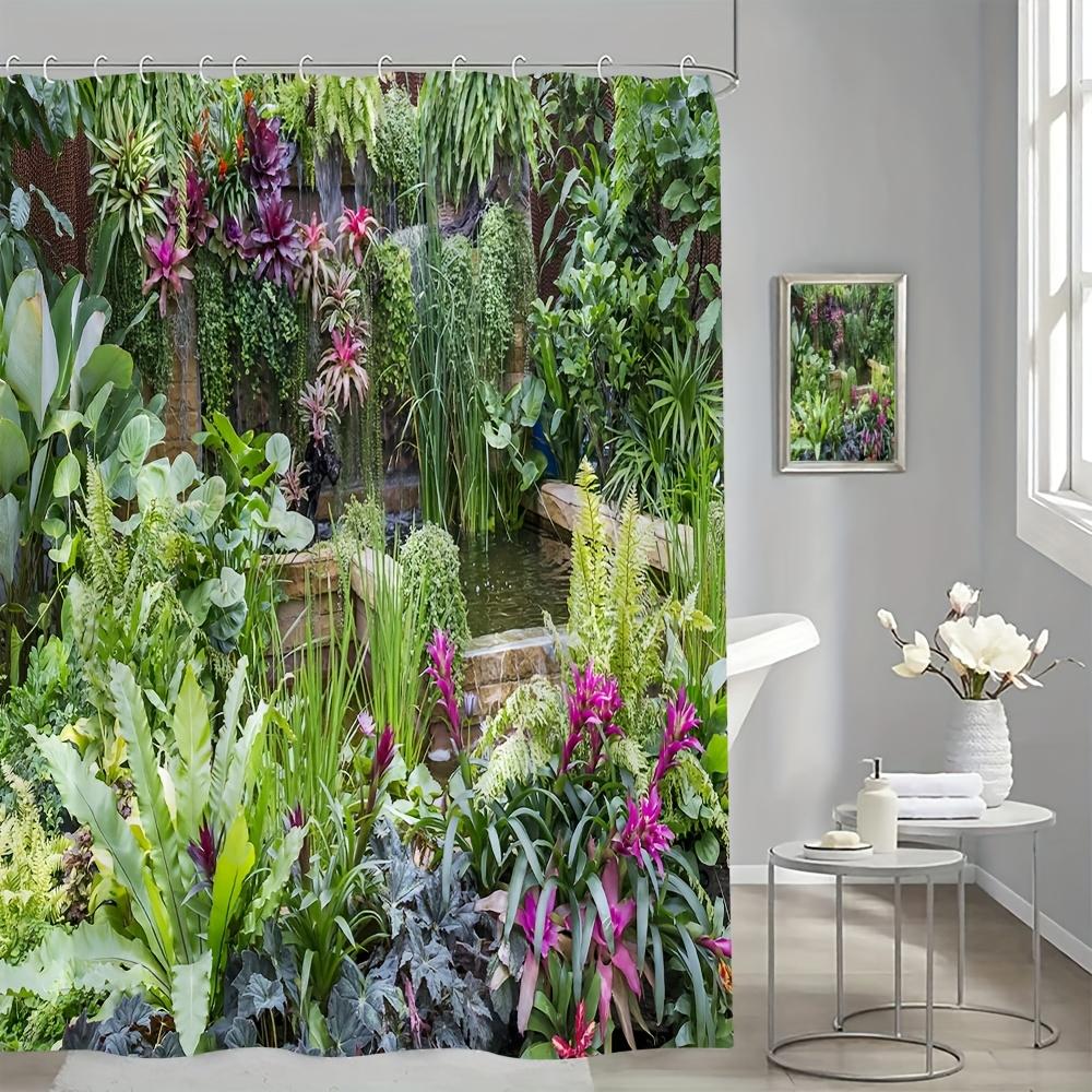Shower Curtain: Lush Tropical Garden with Waterfall for a Vibrant and Nature-Inspired Bathroom Decor W90XH180cm
