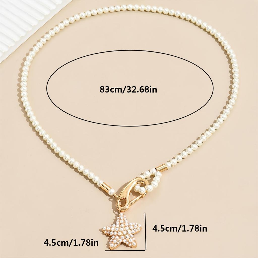 1pc Faux Pearl Bead Chain Star Pendant Long Necklace, Baroque Style Sweater Chain For Women, New Year And Valentine's Day Gifts For Daily Wear