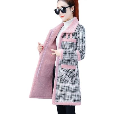 Winter Plus Size Trench Coats Women's Lamb Wool Woolen Coat Thick Plus Velvet Warm Cotton Coat Women Long Grid Parker Overcoat