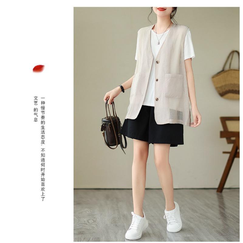 Women Plus Size Linen Blend Sleeveless Vest Open Front V Neck Top