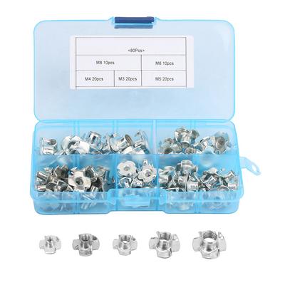 80pcs Carbon Steel T Nut Four Pronged M3 4 5 6 8 Tee Nuts Kits For Woodworking Furniture