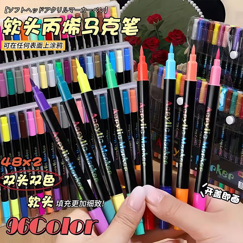 48Color Professional Art Use ual-Tip Acrylic Pens Markers,Dual-Tip Fine and Brush Tip Pens,Suitable for Stone, Wood, Calligraphy