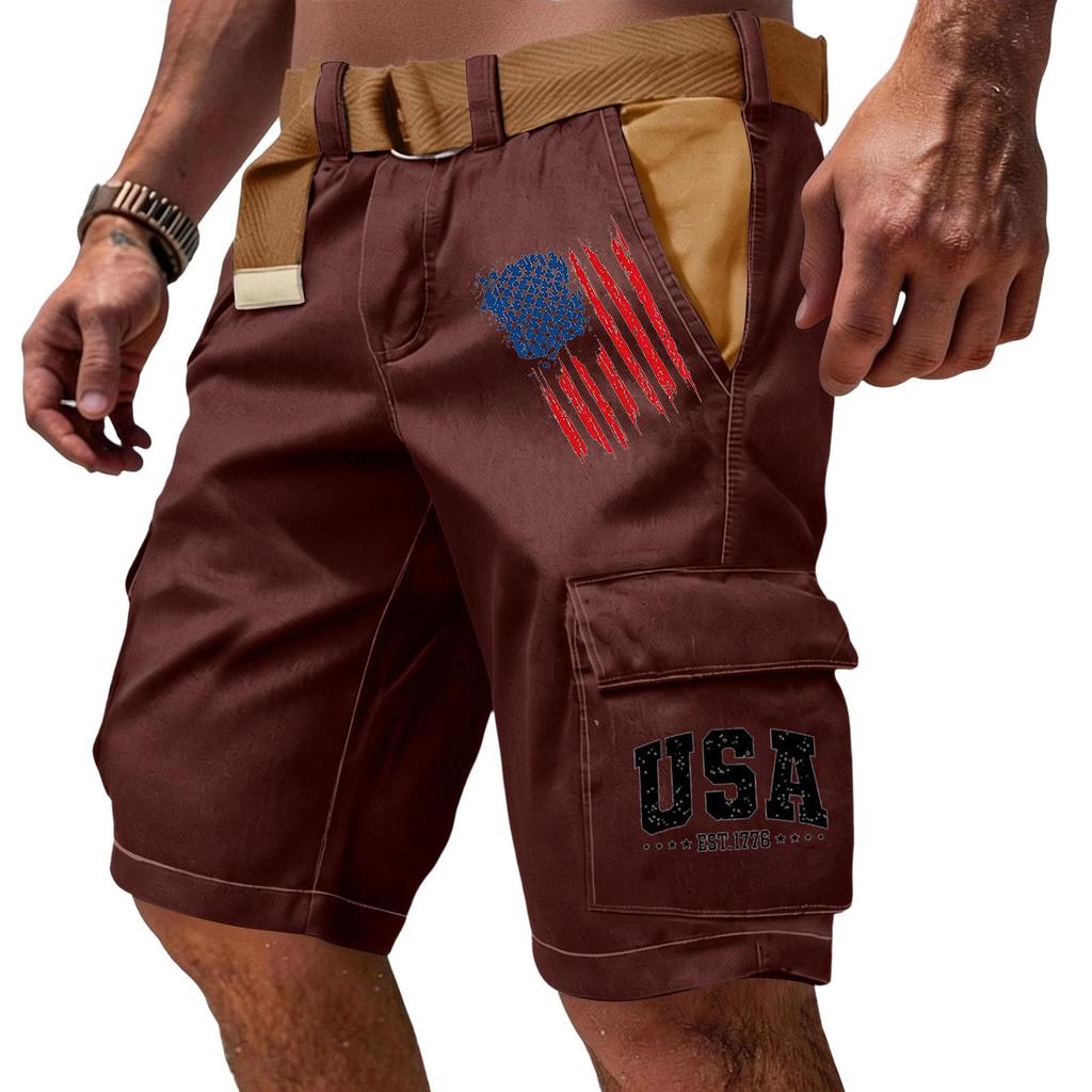 Men's Casual Multi Pocket Cargo Shorts with Flag and Letter Print Design Functional Workwear Shorts Without Belt Suitable for Outdoor Activities