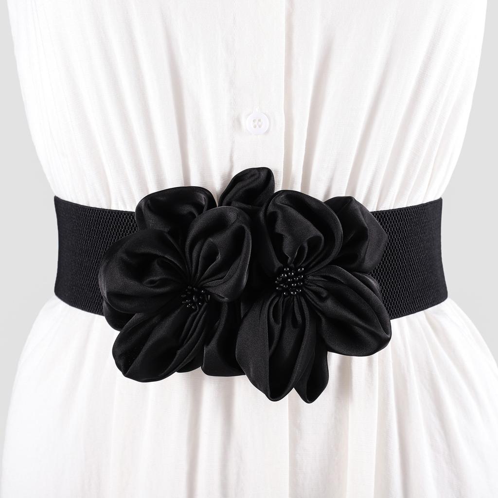 Ladies Flower Decorative Dress Waist Tie Skirt Belt Black Bow Elastic Waist Seal